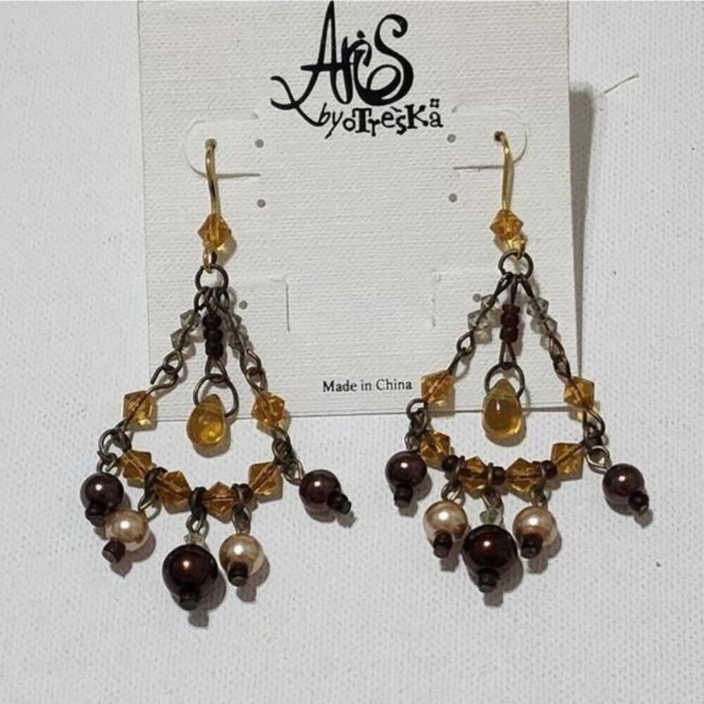 Aris by Treska‎ Amber Brown Beaded Chandelier Drop Earrings Bohemian Gold Tone